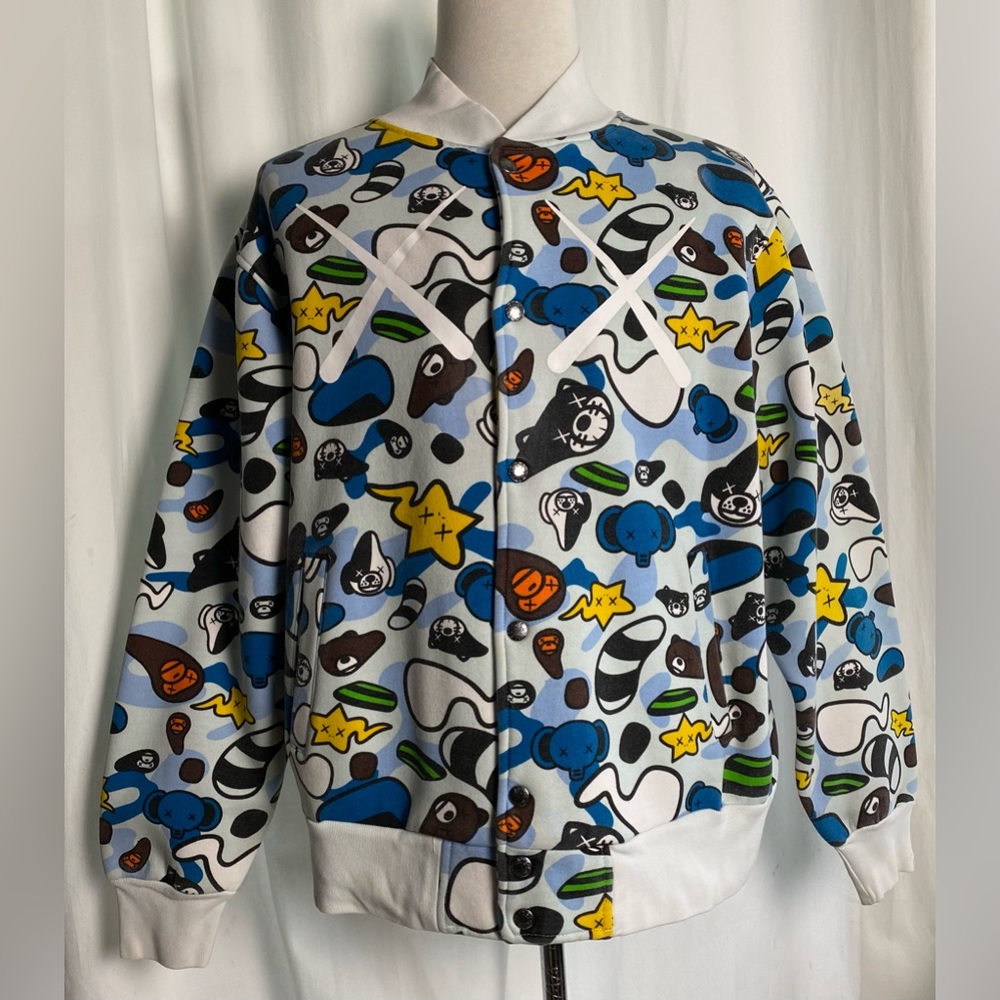A Bathing Ape (Bape) Baby Milo x Kaws Vintage XL Animal Kingdom Varsity Jacket